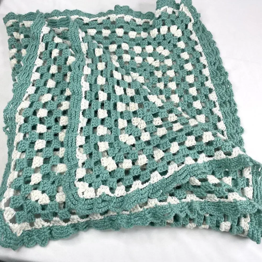 Handmade Green & White Crochet Square Blanket